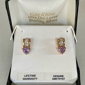 18K Gold Amethyst Earrings over Sterling Silver with Diamond Baguette CZ Stones